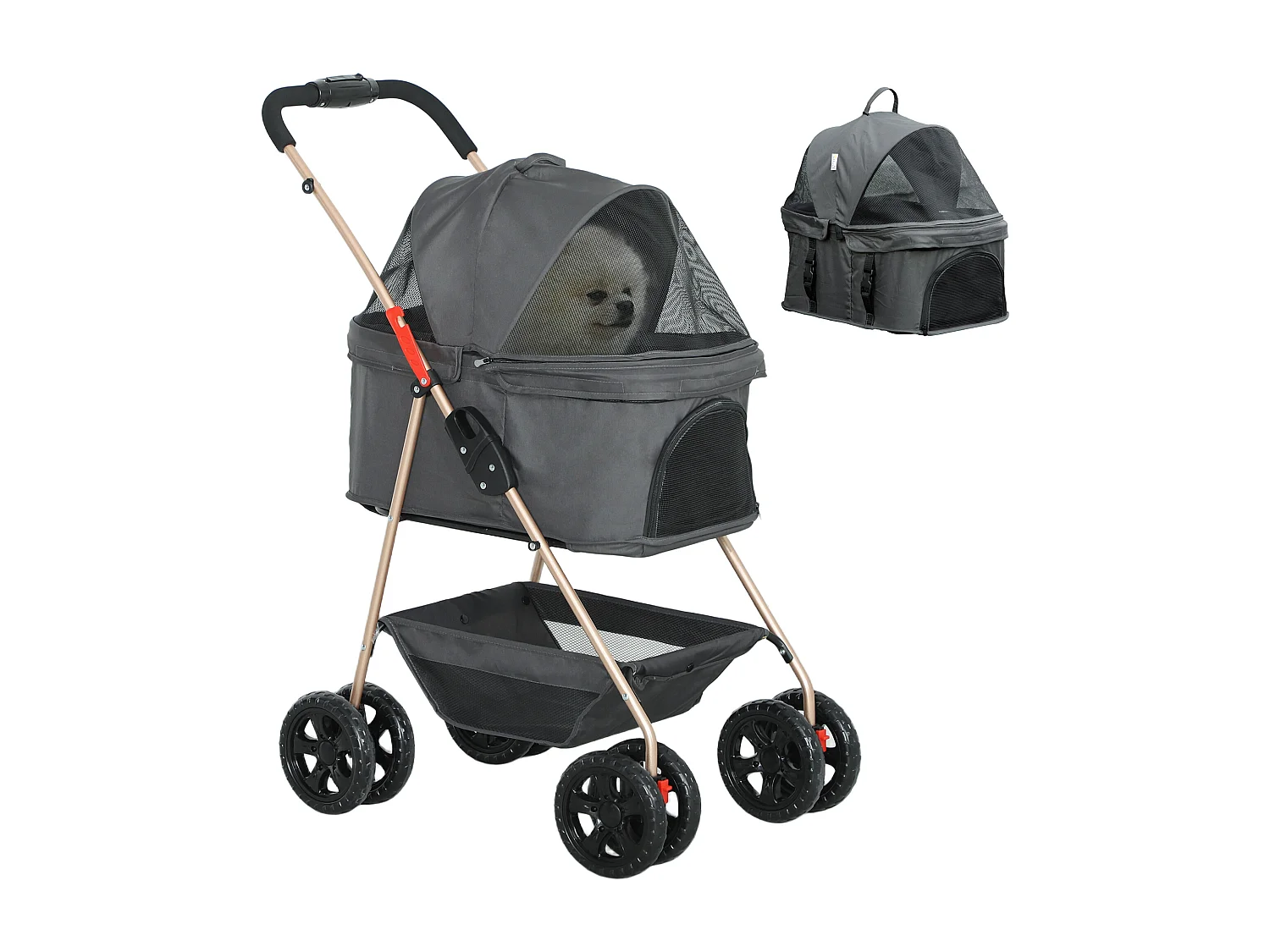 Passeggino per cani 3 in 1 pieghevole con trasportino e cestino grigio