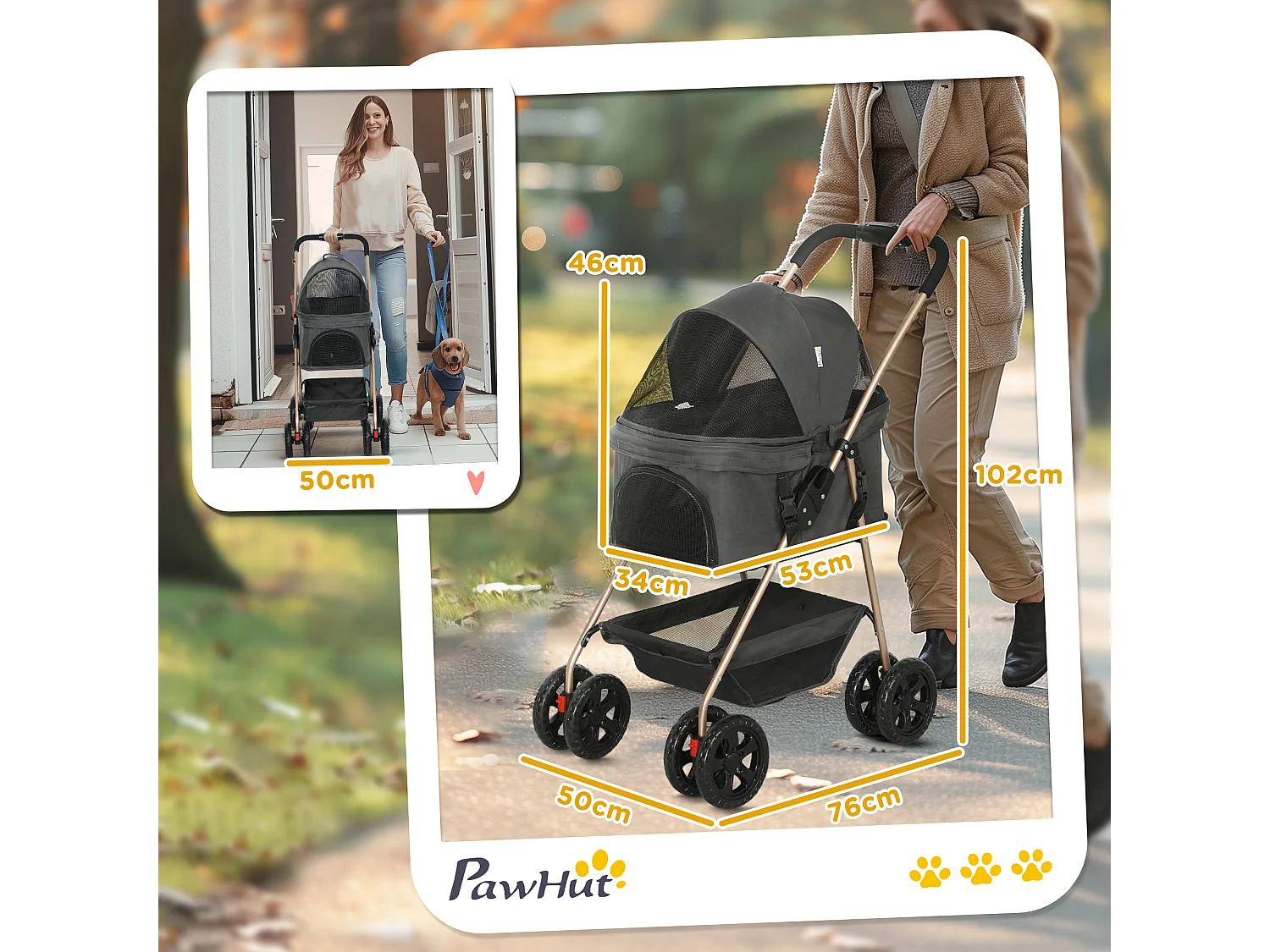 Passeggino per cani 3 in 1 pieghevole con trasportino e cestino grigio