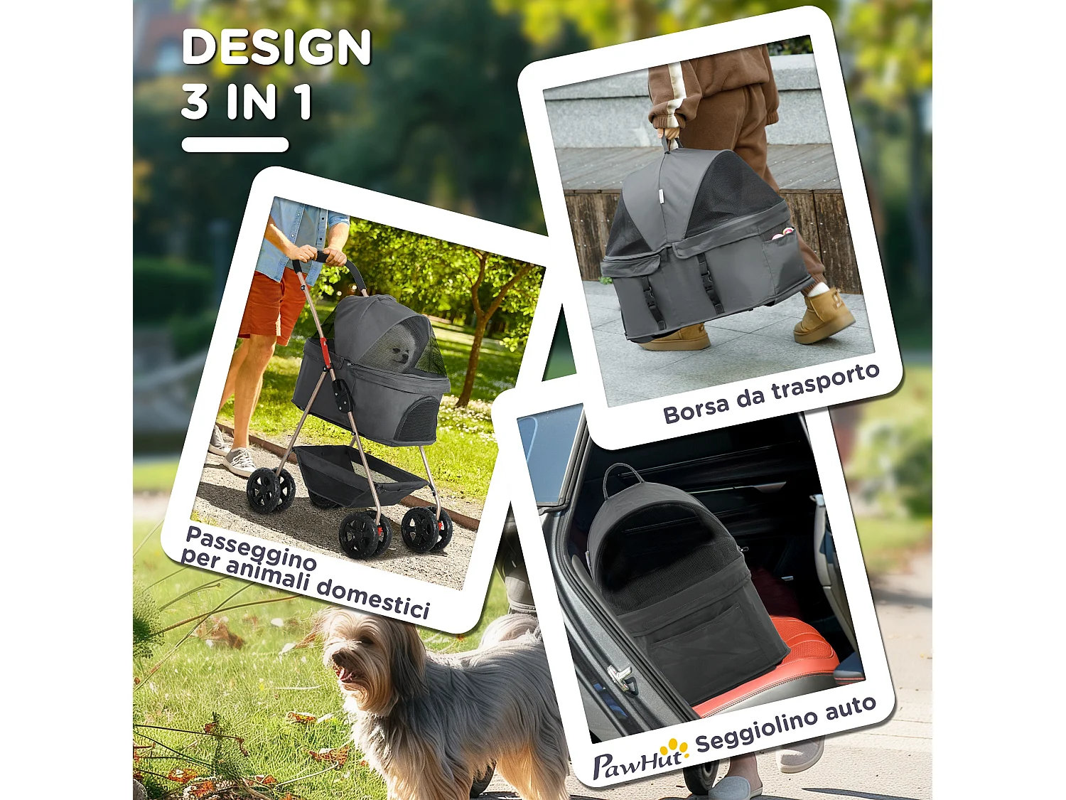 Passeggino per cani 3 in 1 pieghevole con trasportino e cestino grigio