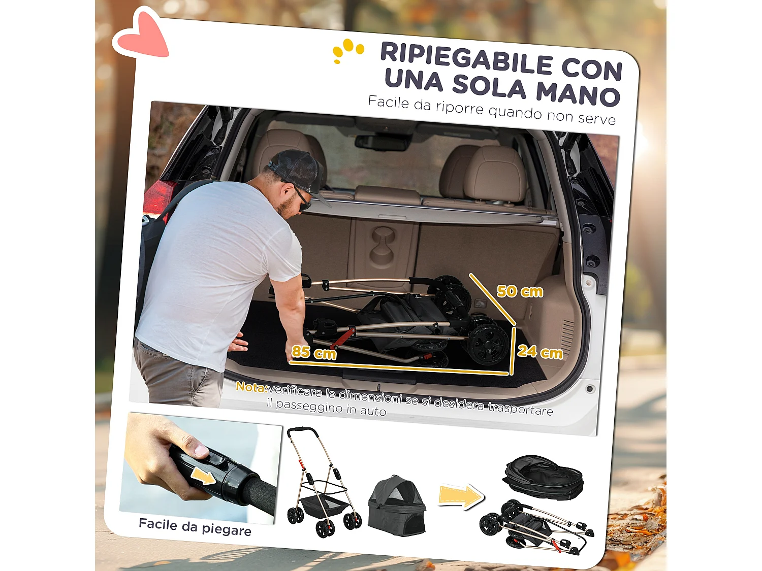 Passeggino per cani 3 in 1 pieghevole con trasportino e cestino grigio