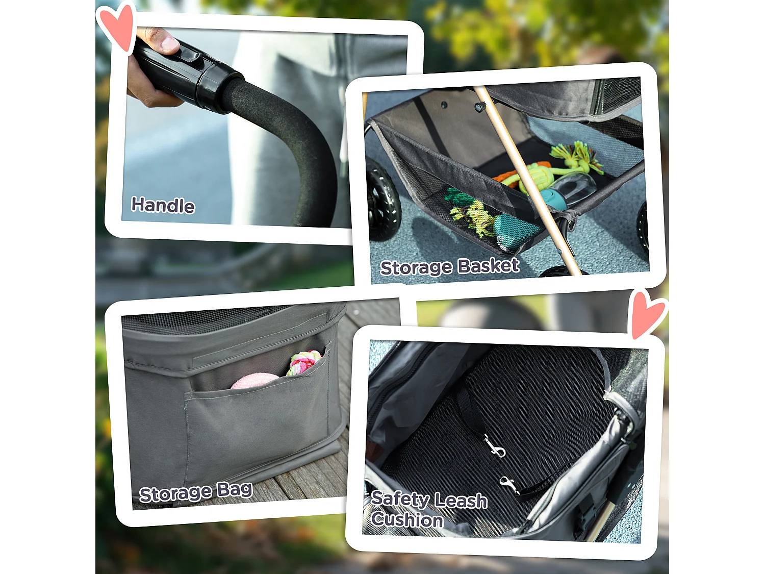 Passeggino per cani 3 in 1 pieghevole con trasportino e cestino grigio