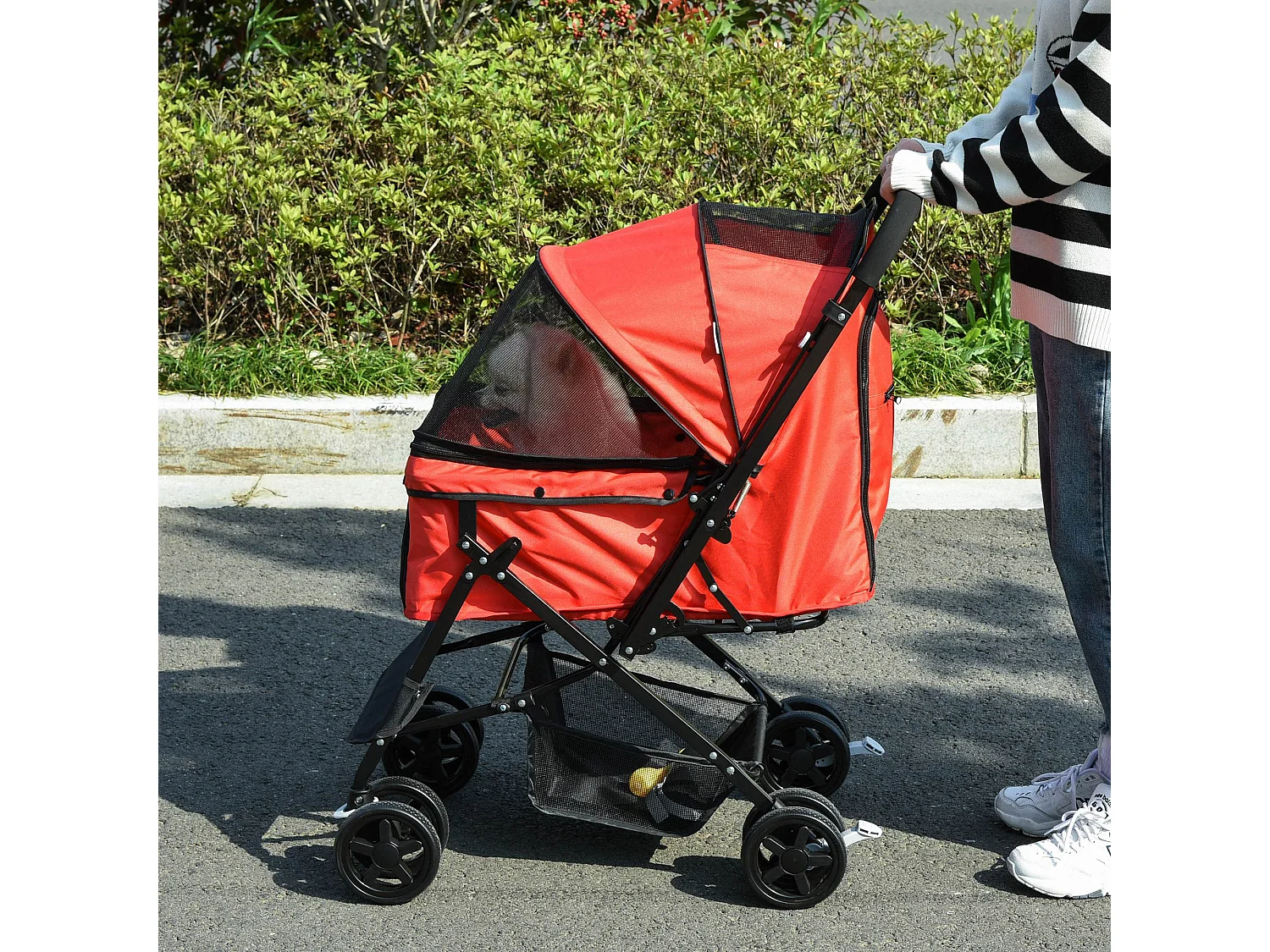 Passeggino per cani pieghevole con maniglione girevole e ruote eva rosso