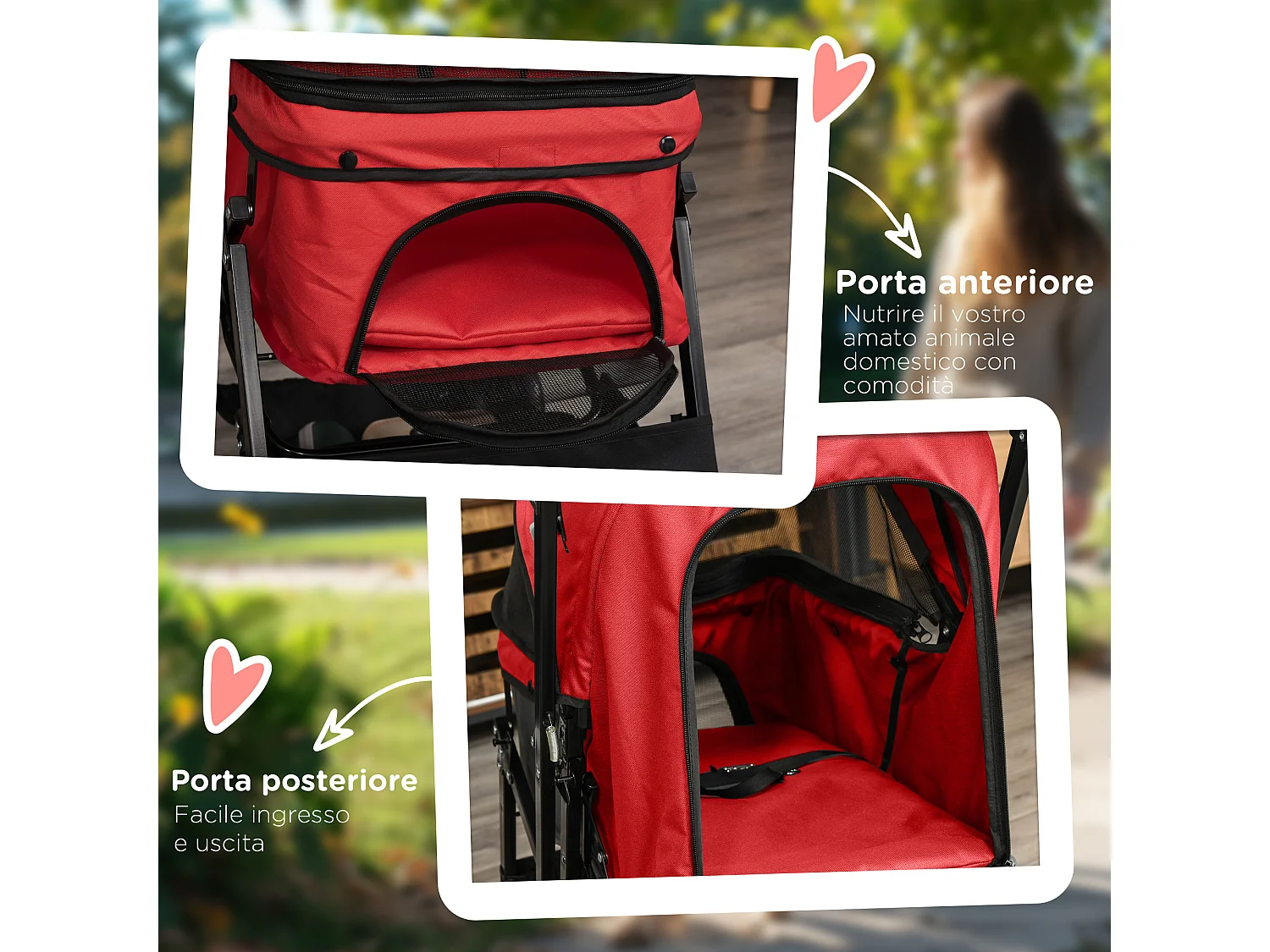 Passeggino per cani pieghevole con maniglione girevole e ruote eva rosso