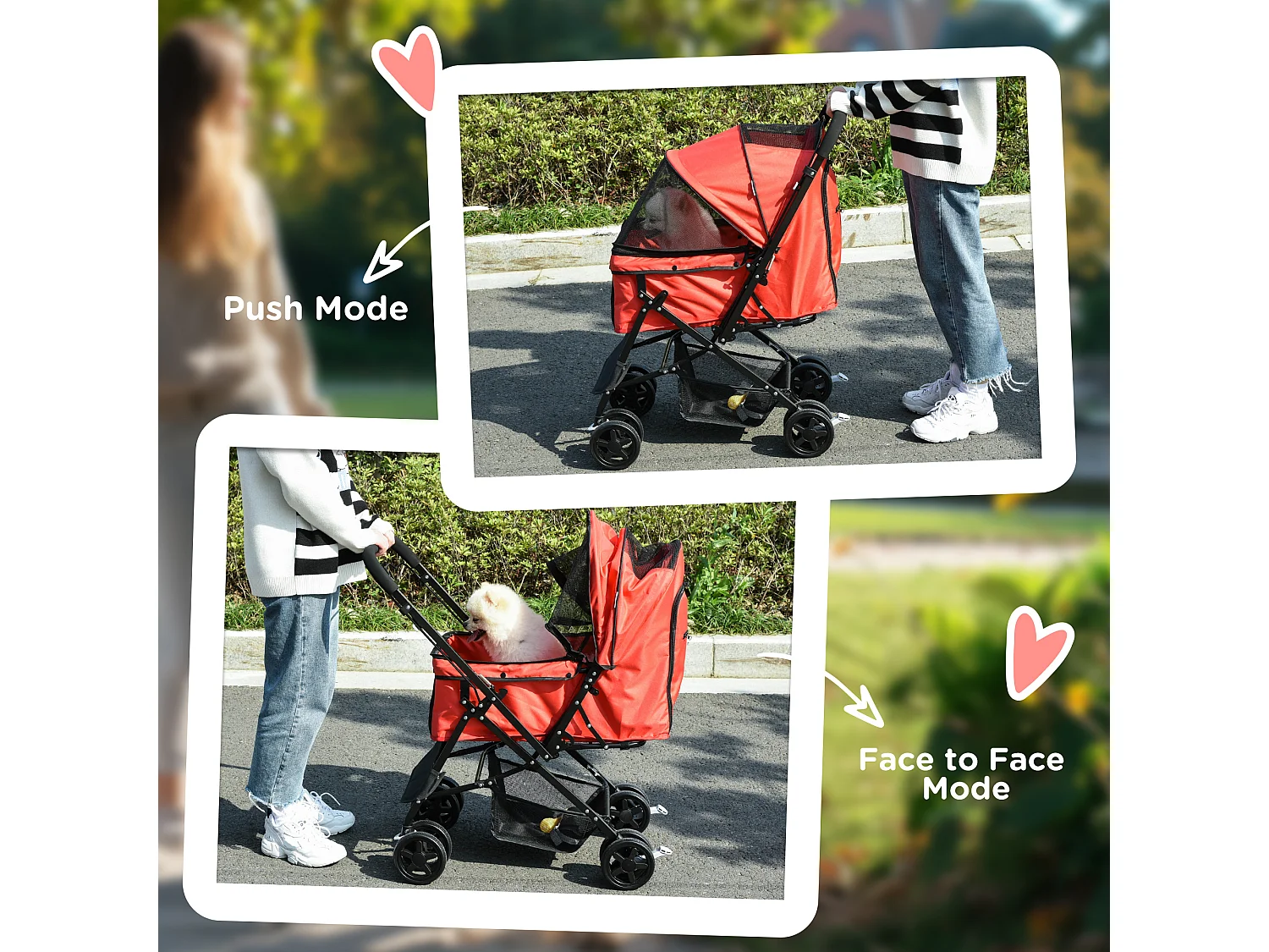 Passeggino per cani pieghevole con maniglione girevole e ruote eva rosso