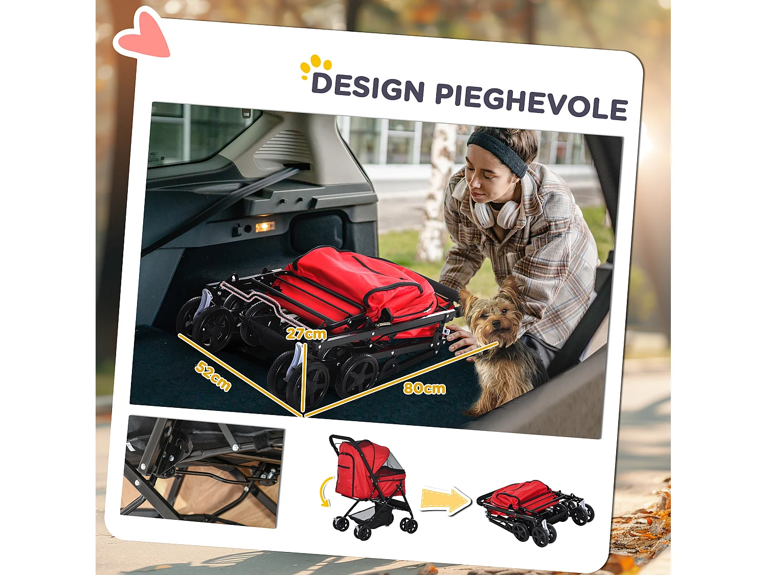 Passeggino per cani pieghevole con maniglione girevole e ruote eva rosso