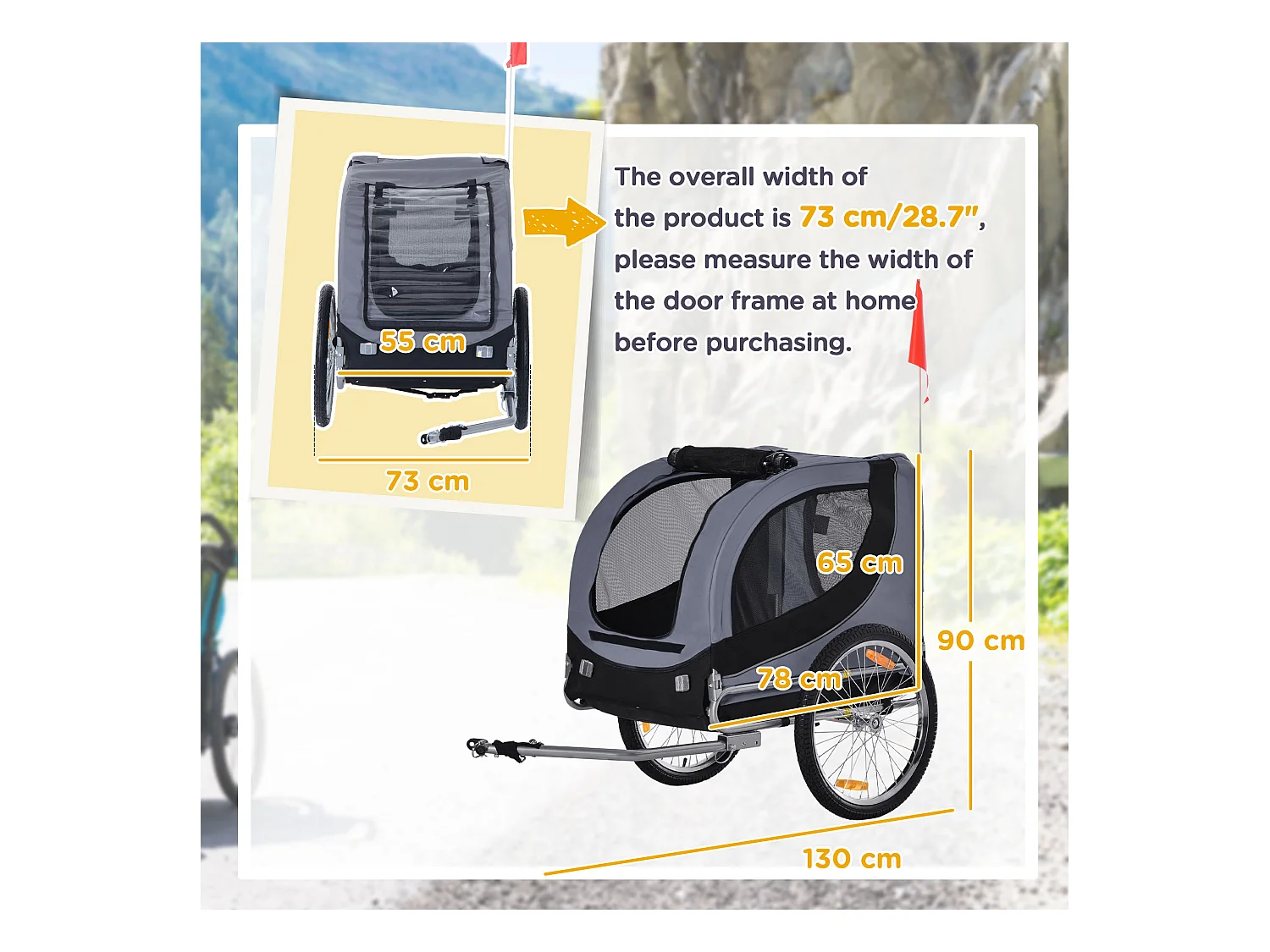 Rimorchio bici per cani taglia media con finestre laterali e bandierina