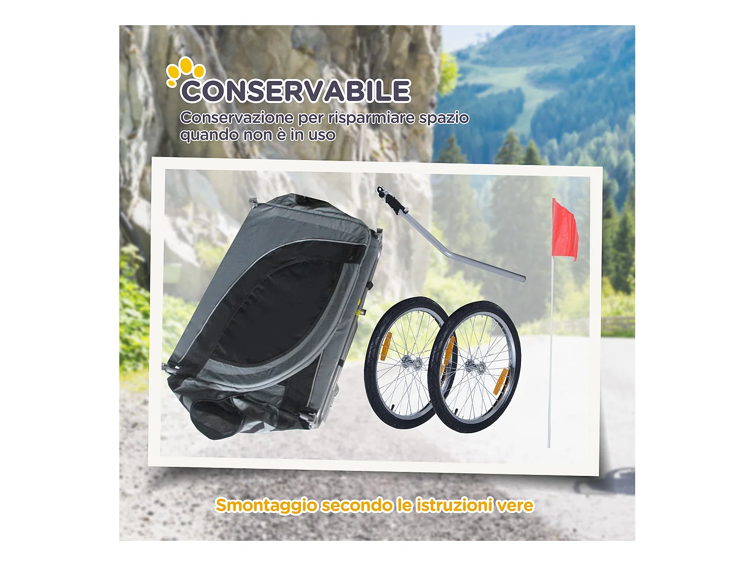 Rimorchio bici per cani taglia media con finestre laterali e bandierina