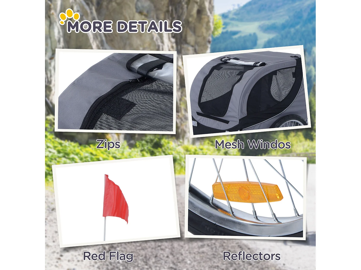 Rimorchio bici per cani taglia media con finestre laterali e bandierina