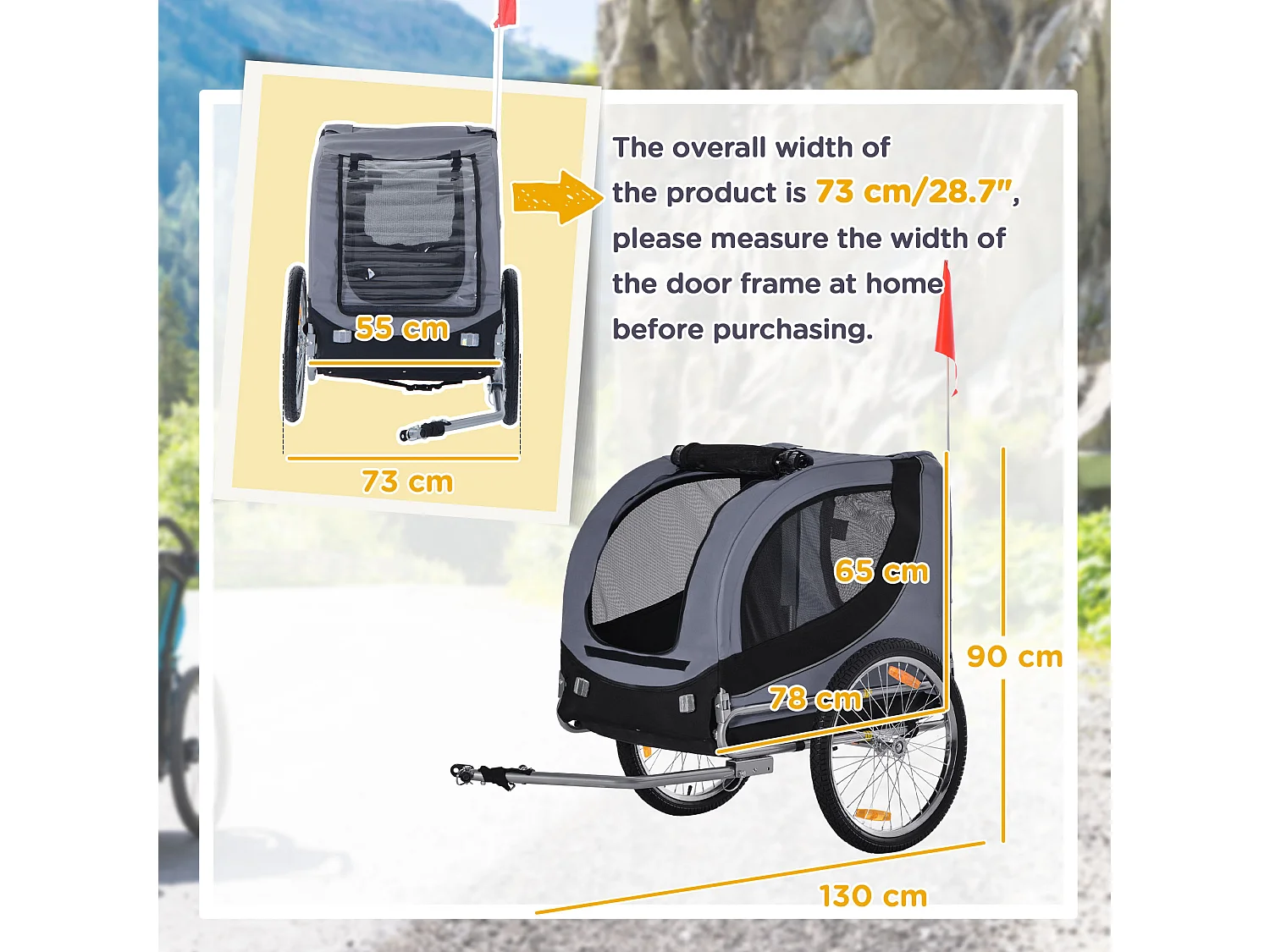 Rimorchio bici per cani taglia media con finestre laterali e bandierina