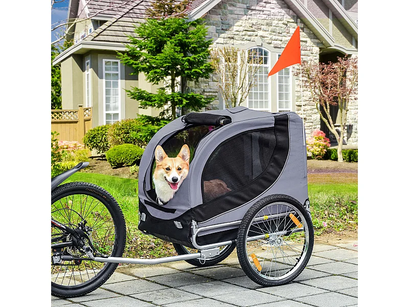 Rimorchio bici per cani taglia media con finestre laterali e bandierina