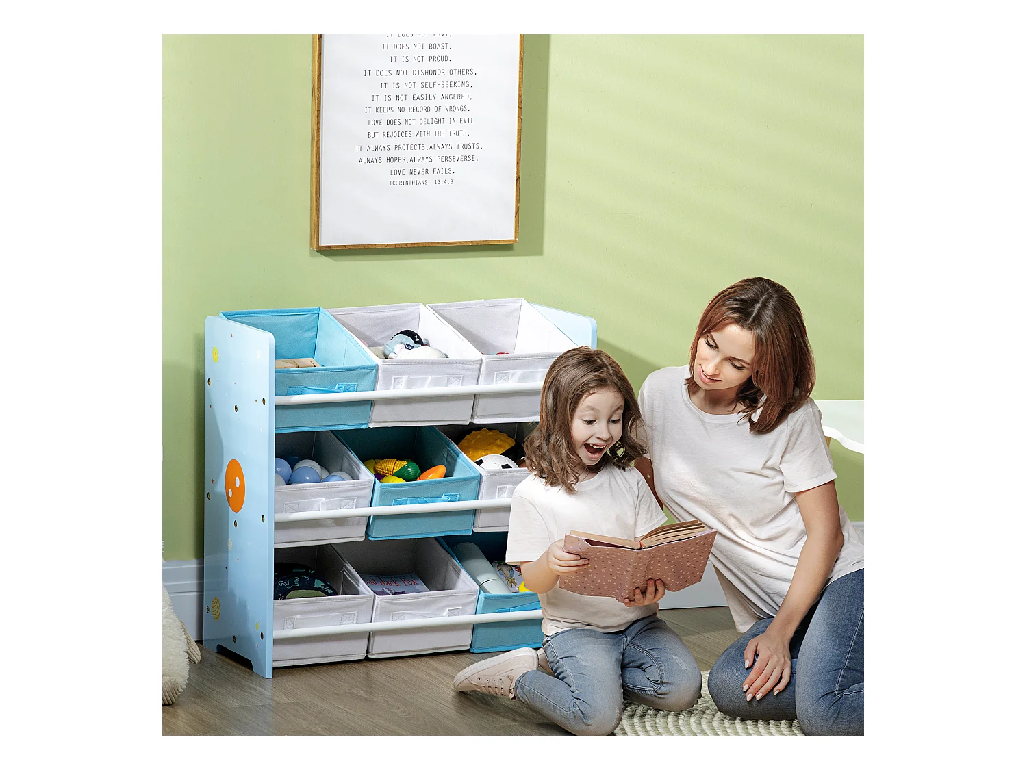 Mobiletto portagiochi con 9 cestini in legno e tessuto azzurro