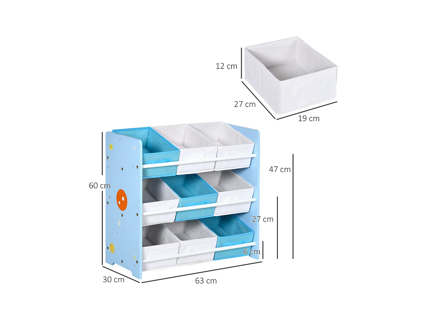 Mobiletto portagiochi con 9 cestini in legno e tessuto azzurro