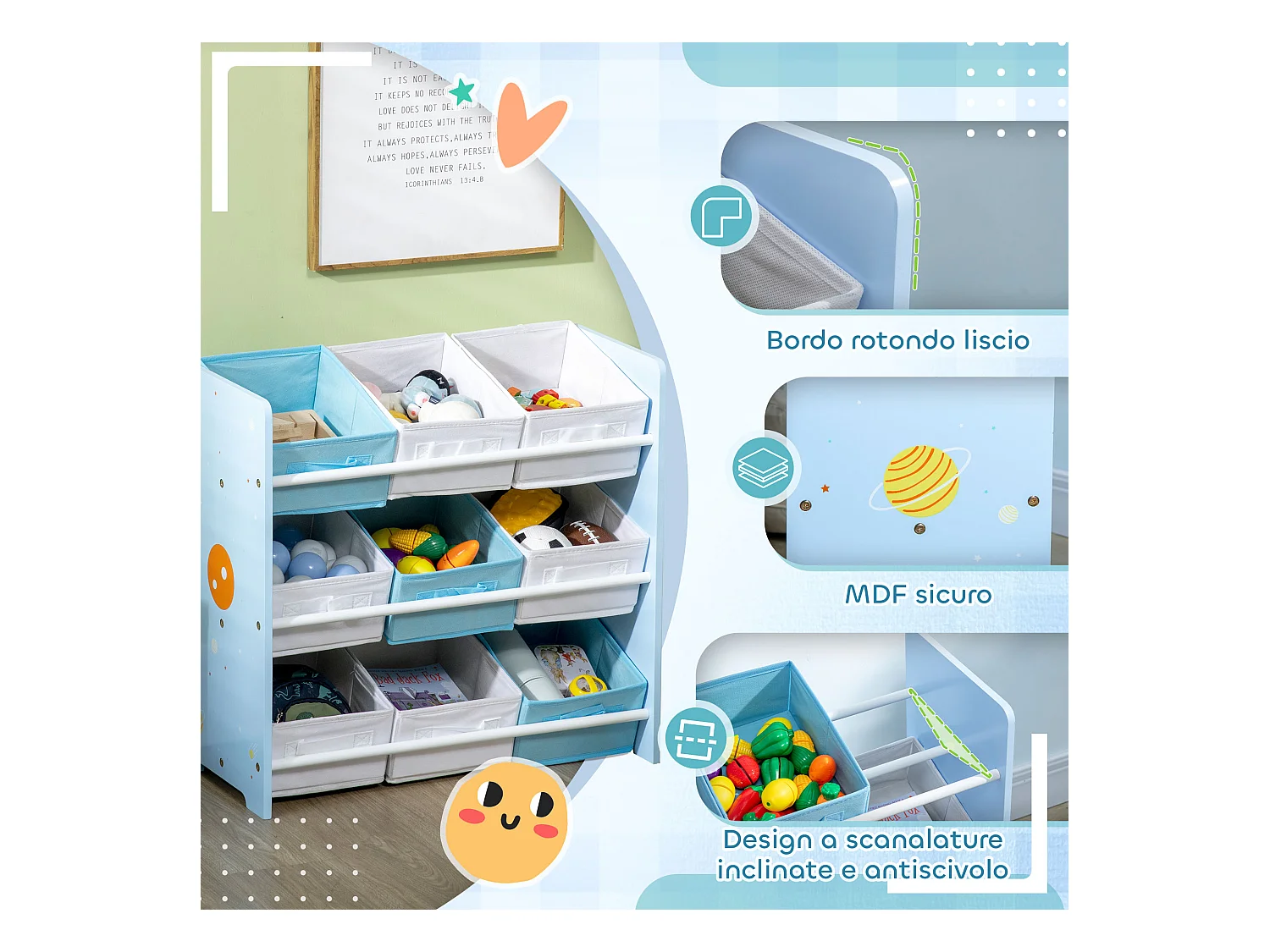 Mobiletto portagiochi con 9 cestini in legno e tessuto azzurro