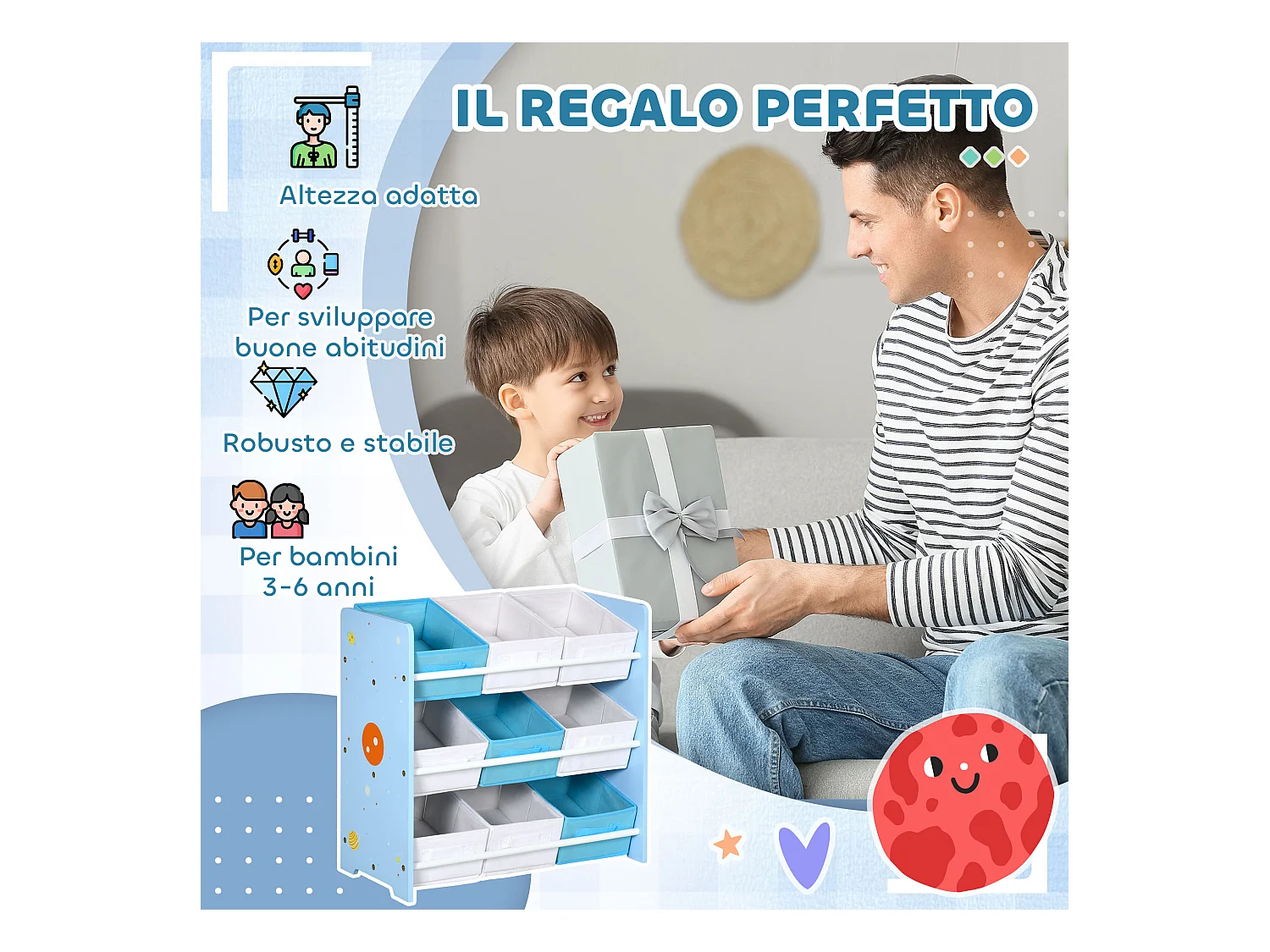 Mobiletto portagiochi con 9 cestini in legno e tessuto azzurro