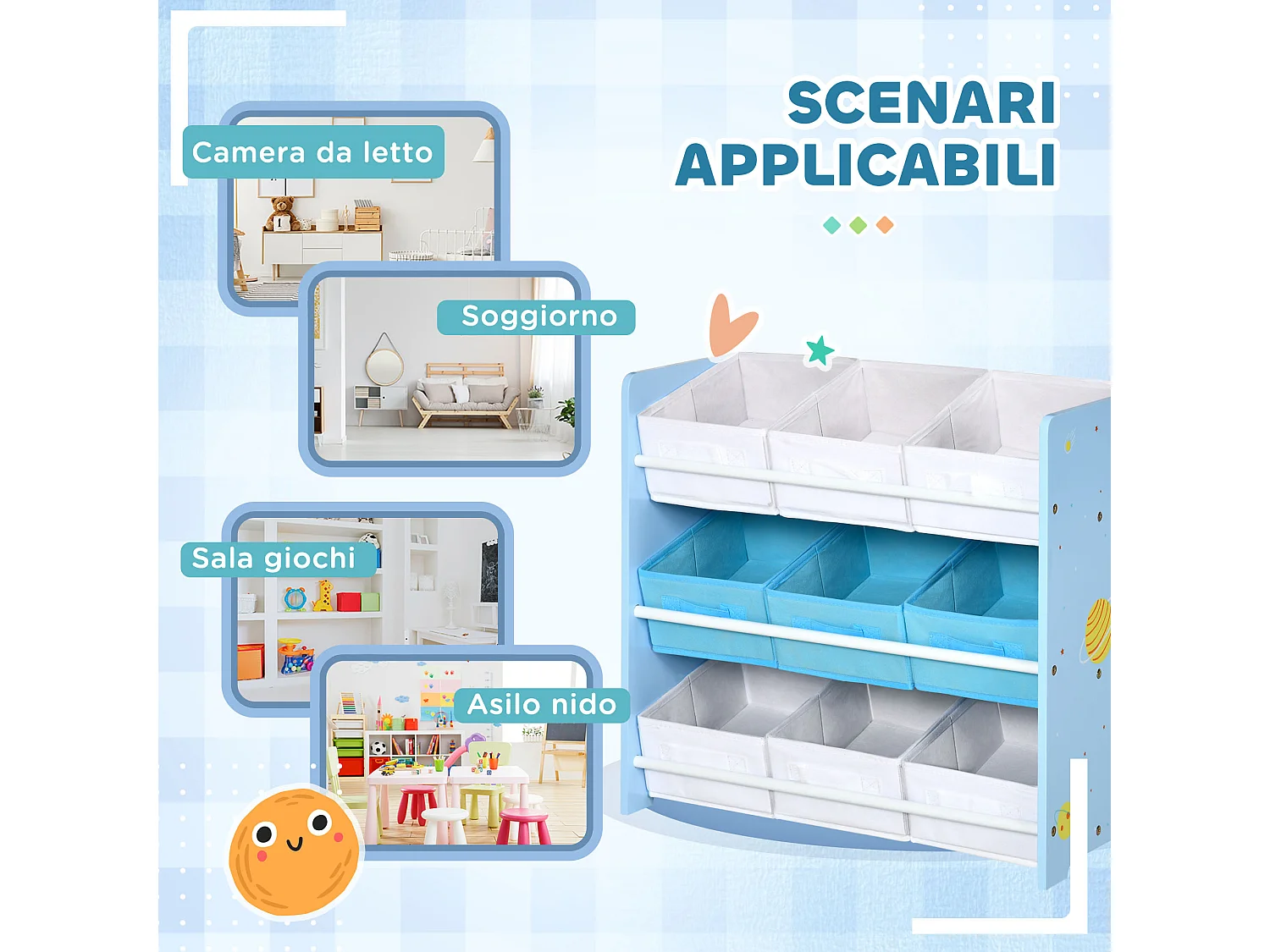 Mobiletto portagiochi con 9 cestini in legno e tessuto azzurro