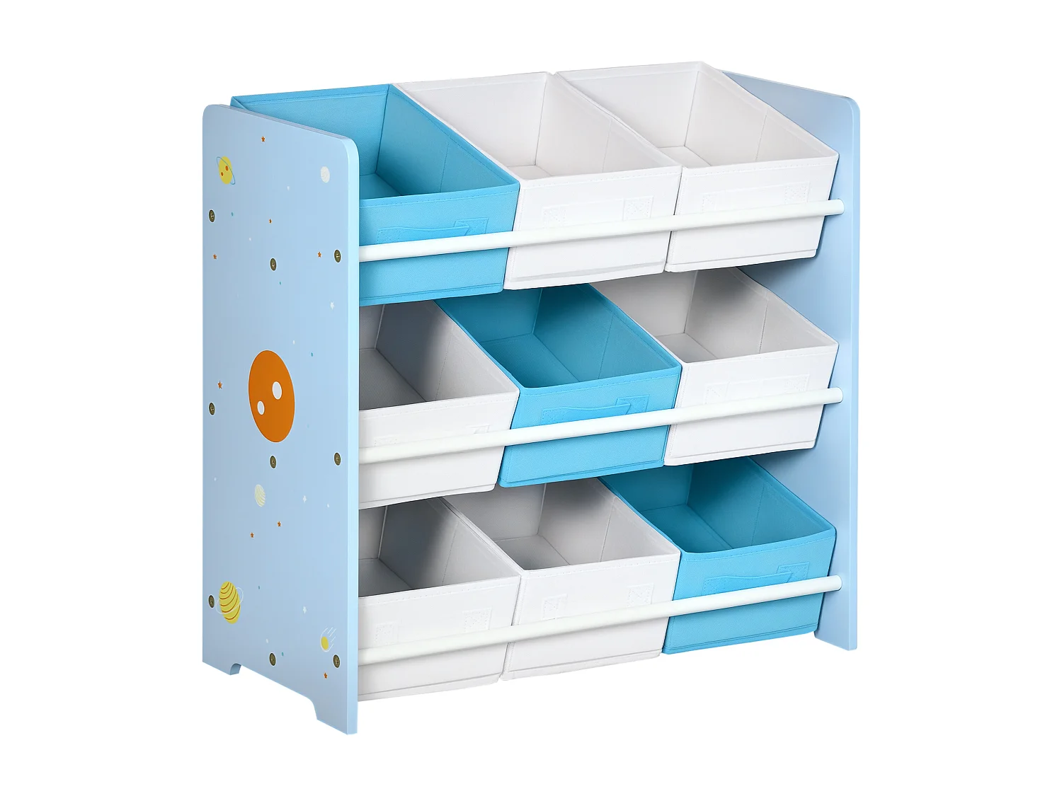 Mobiletto portagiochi con 9 cestini in legno e tessuto azzurro