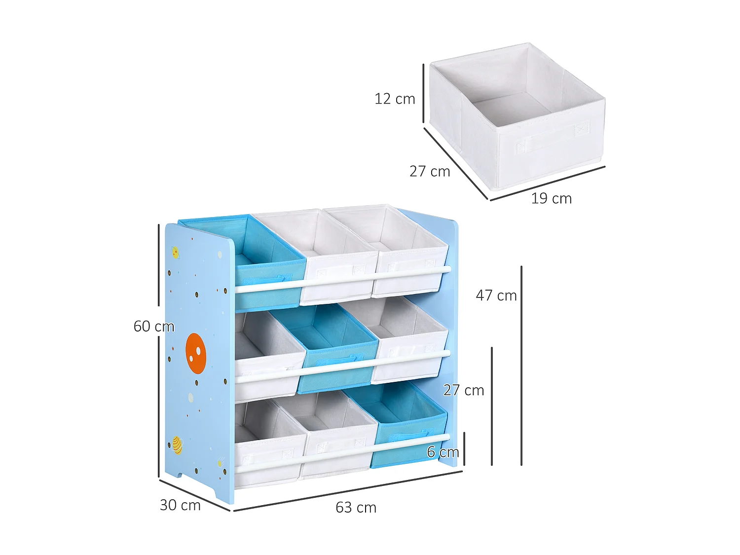 Mobiletto portagiochi con 9 cestini in legno e tessuto azzurro