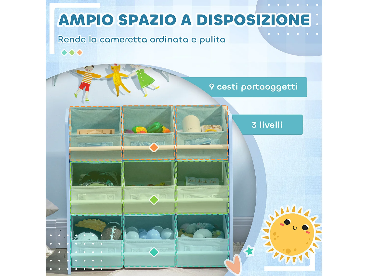 Mobiletto portagiochi con 9 cestini in legno e tessuto azzurro