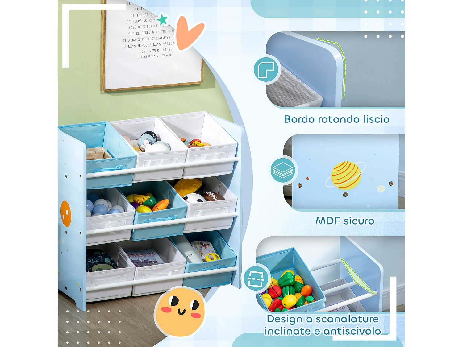 Mobiletto portagiochi con 9 cestini in legno e tessuto azzurro