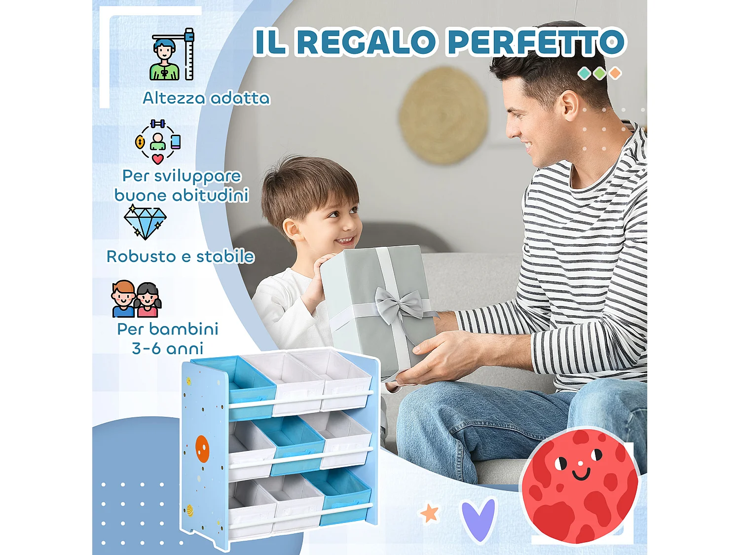 Mobiletto portagiochi con 9 cestini in legno e tessuto azzurro