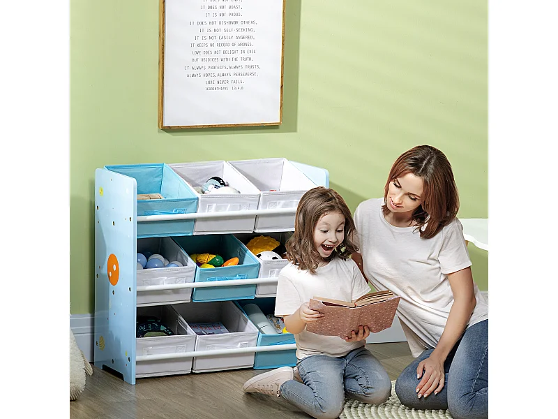 Mobiletto portagiochi con 9 cestini in legno e tessuto azzurro