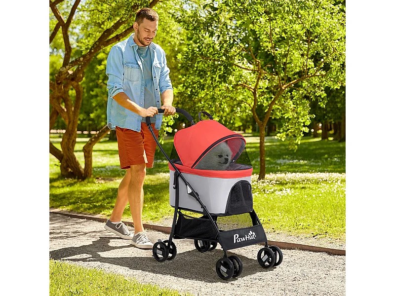 Passeggino per cani pieghevole con trasportino rimovibile rosso