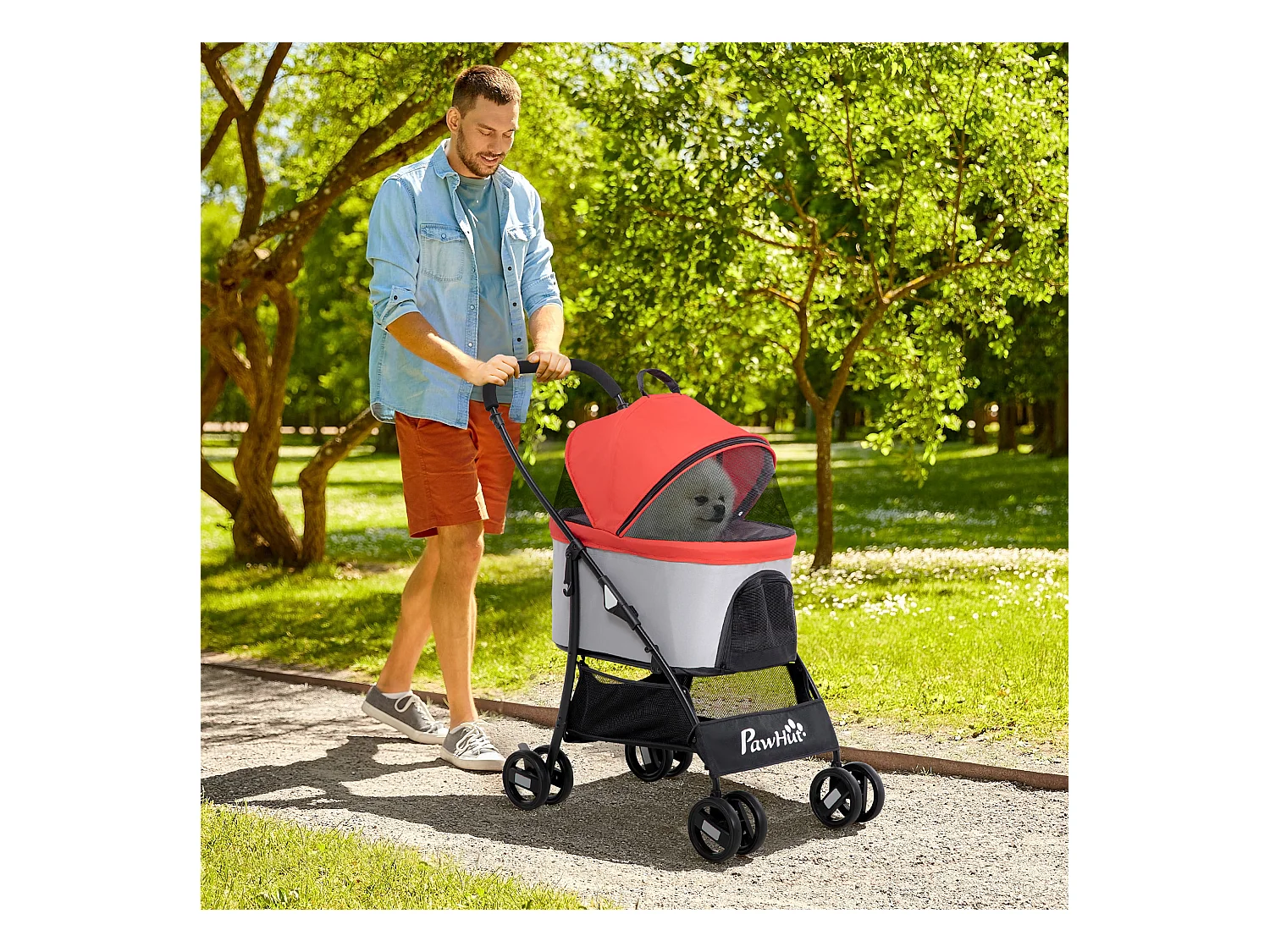 Passeggino per cani pieghevole con trasportino rimovibile rosso