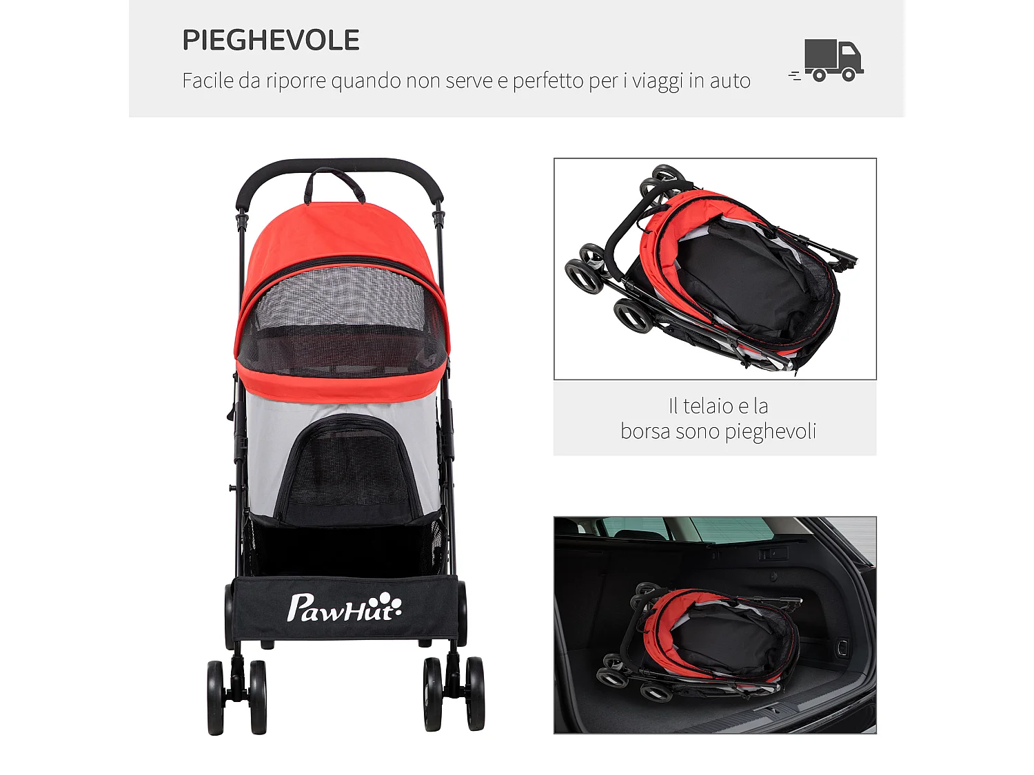 Passeggino per cani pieghevole con trasportino rimovibile rosso