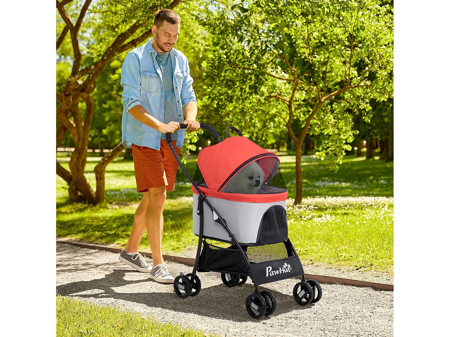 Passeggino per cani pieghevole con trasportino rimovibile rosso