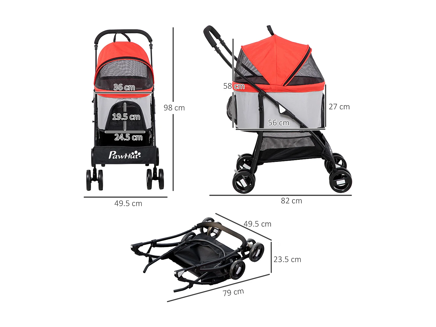 Passeggino per cani pieghevole con trasportino rimovibile rosso
