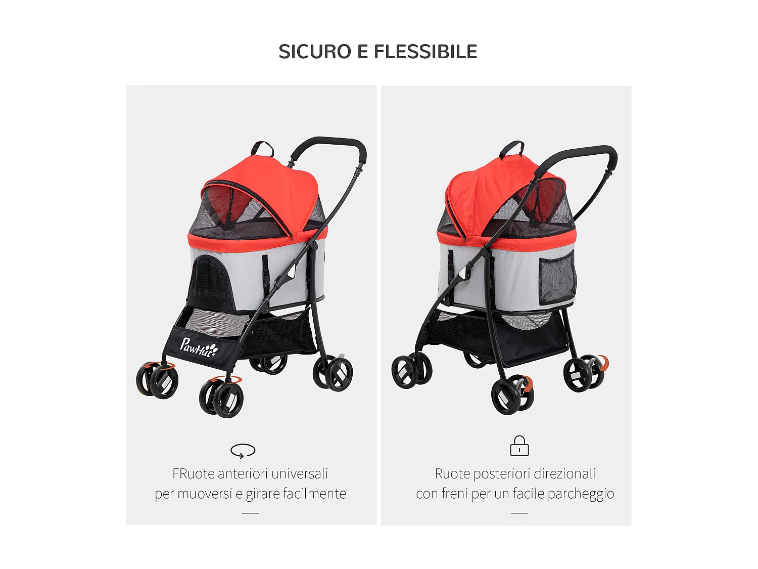 Passeggino per cani pieghevole con trasportino rimovibile rosso