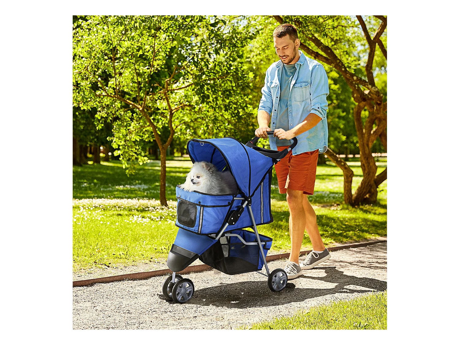 Passeggino per cani e gatti con ruote girevoli 75x45x97cm blu