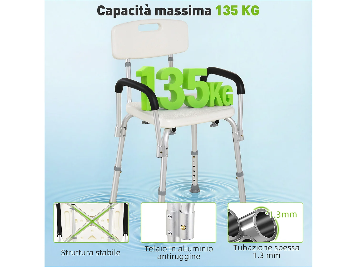 Sedia per doccia e vasca da bagno con braccioli e altezza regolabile
