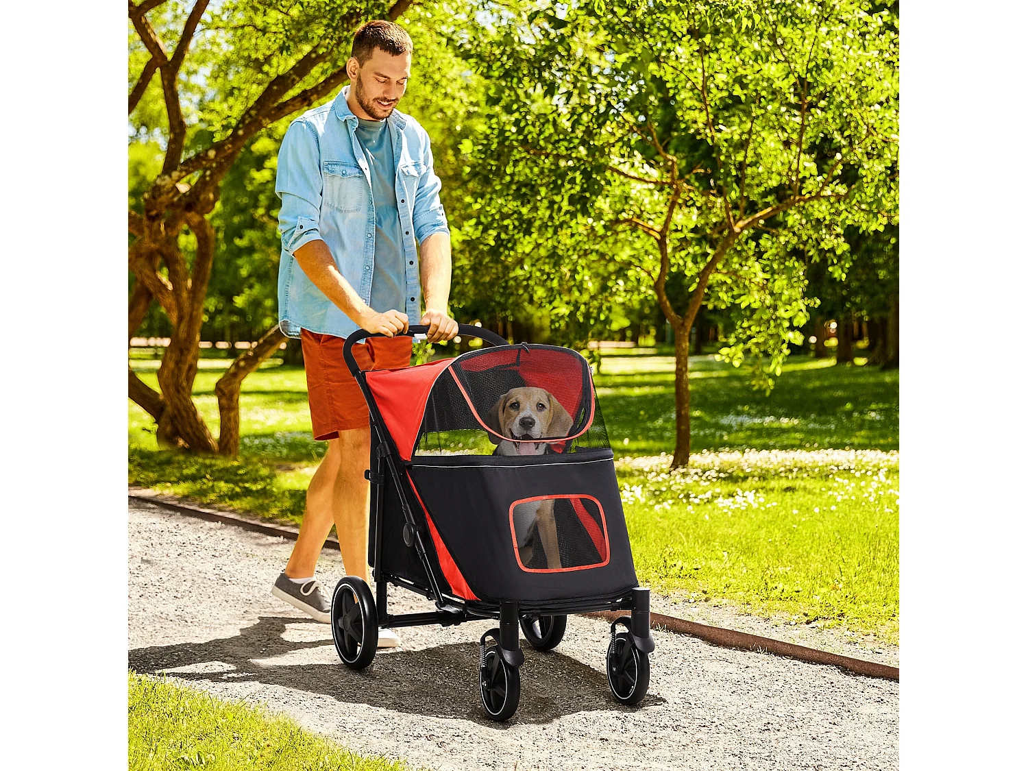 Passeggino per cani pieghevole con ingressi a cerniera nero e rosso