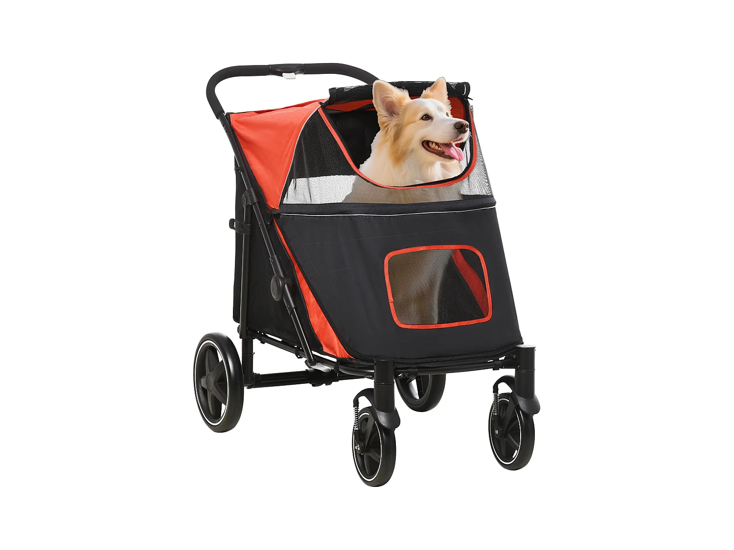 Passeggino per cani pieghevole con ingressi a cerniera nero e rosso