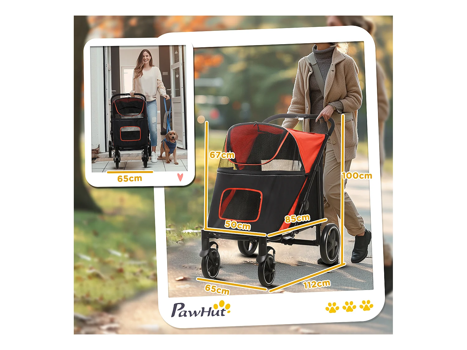Passeggino per cani pieghevole con ingressi a cerniera nero e rosso