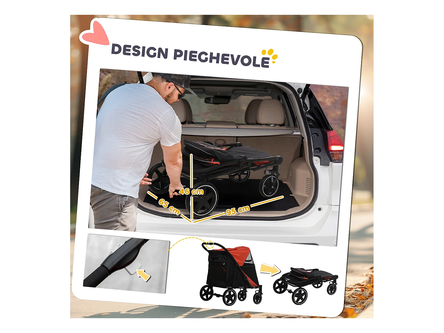 Passeggino per cani pieghevole con ingressi a cerniera nero e rosso