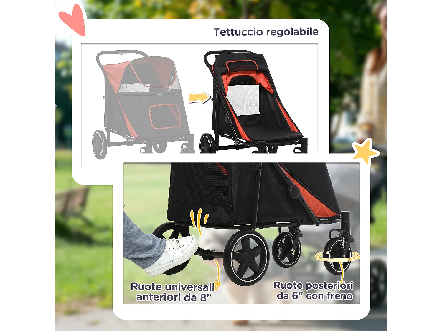 Passeggino per cani pieghevole con ingressi a cerniera nero e rosso