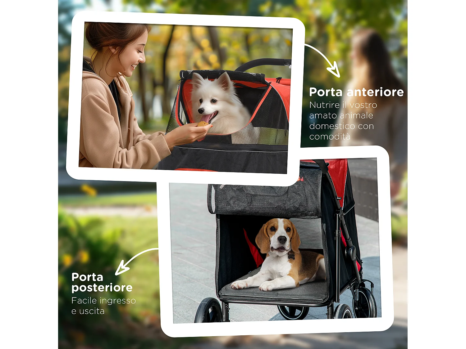 Passeggino per cani pieghevole con ingressi a cerniera nero e rosso