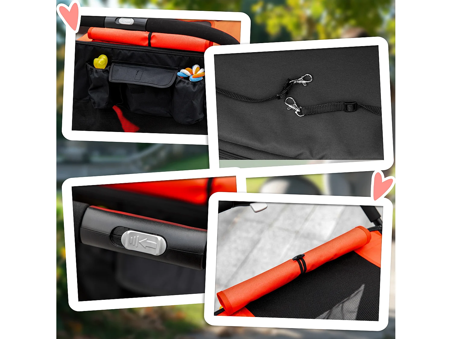 Passeggino per cani pieghevole con ingressi a cerniera nero e rosso