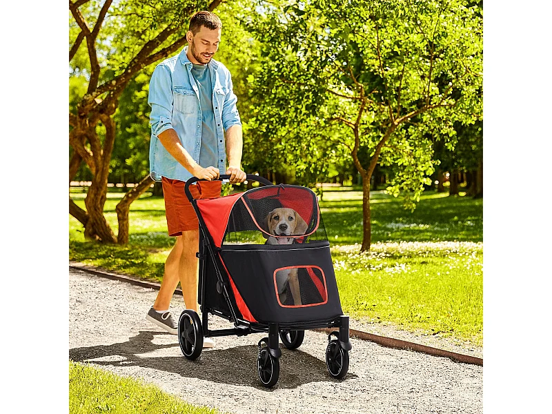 Passeggino per cani pieghevole con ingressi a cerniera nero e rosso