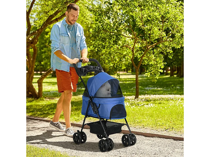 Passeggino per cani pieghevole ruote girevoli cestino portaoggetti blu