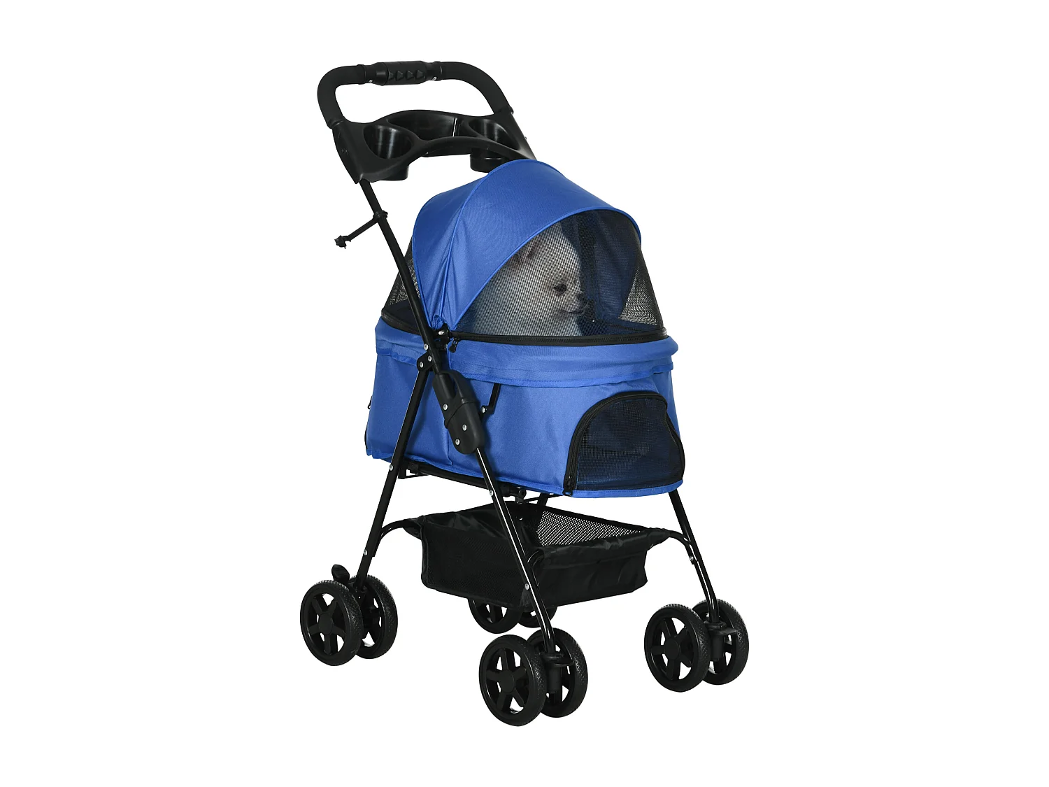 Passeggino per cani pieghevole ruote girevoli cestino portaoggetti blu