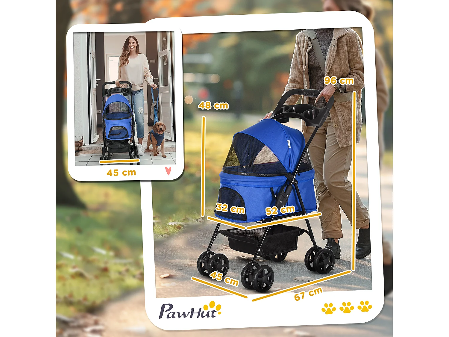 Passeggino per cani pieghevole ruote girevoli cestino portaoggetti blu