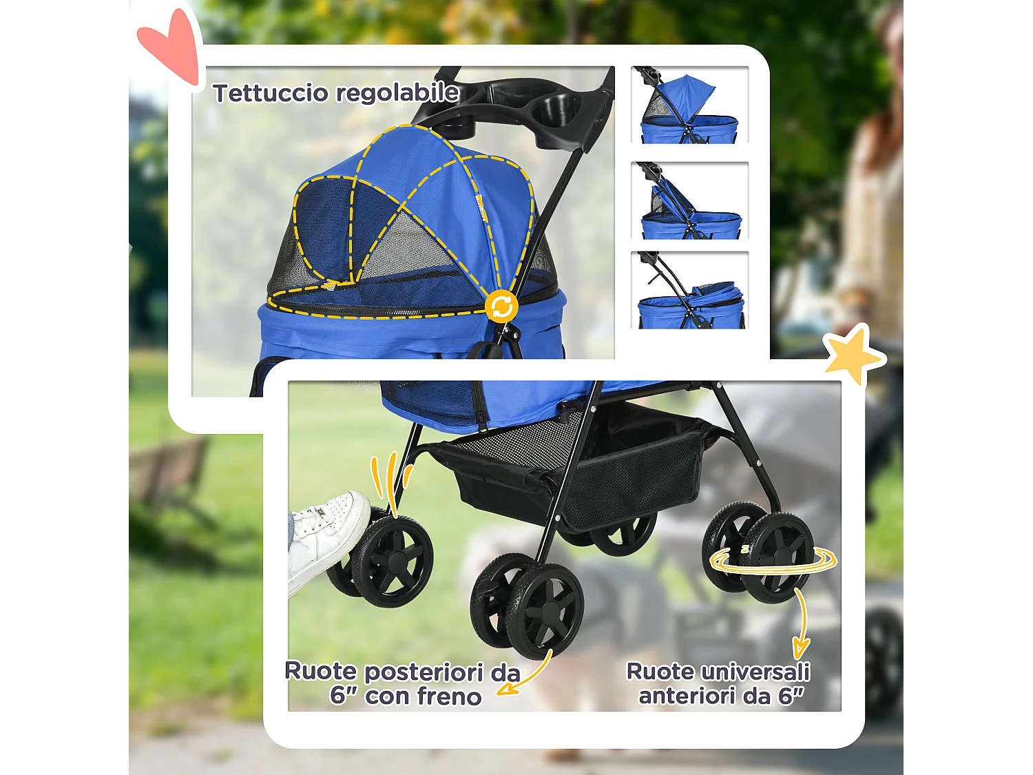 Passeggino per cani pieghevole ruote girevoli cestino portaoggetti blu