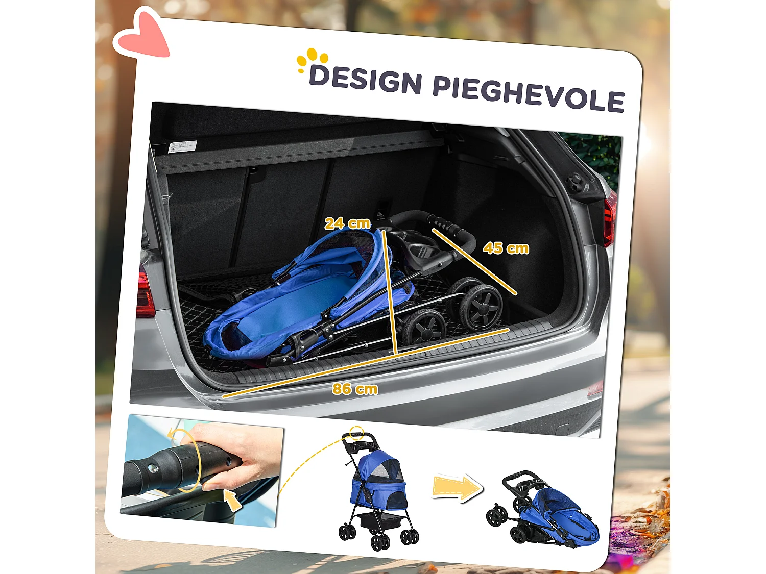 Passeggino per cani pieghevole ruote girevoli cestino portaoggetti blu