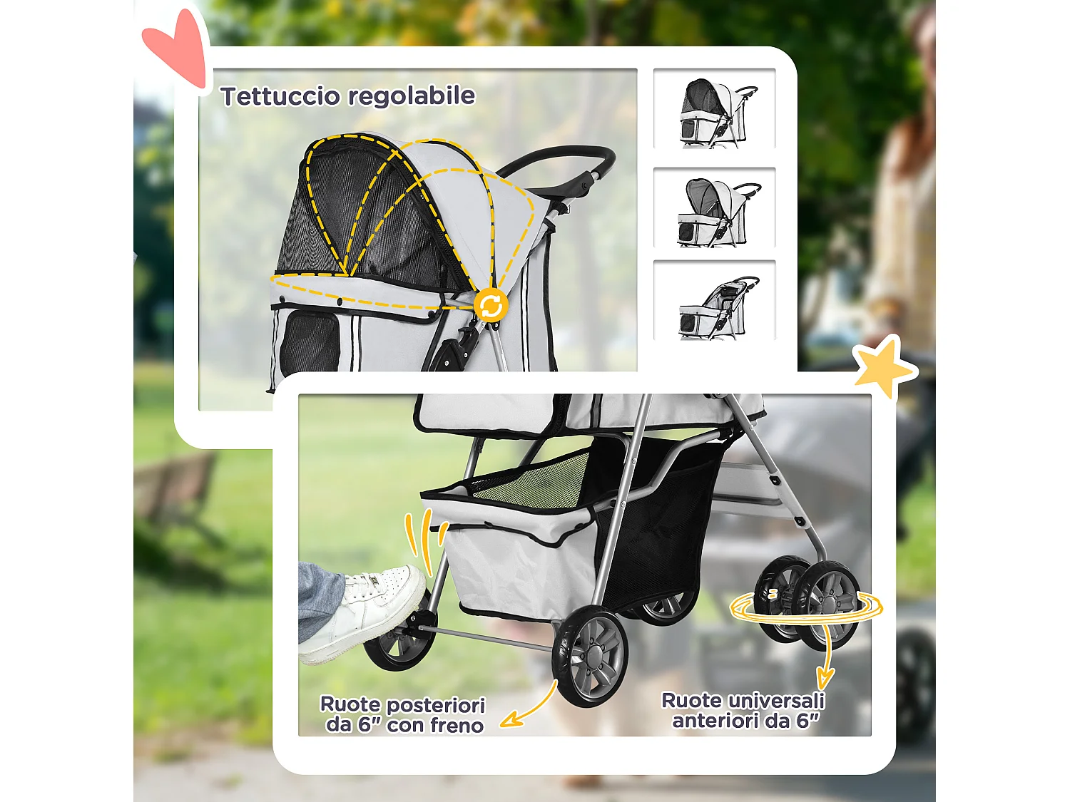 Passeggino per cani pieghevole cestino copertura tessuto oxford grigio