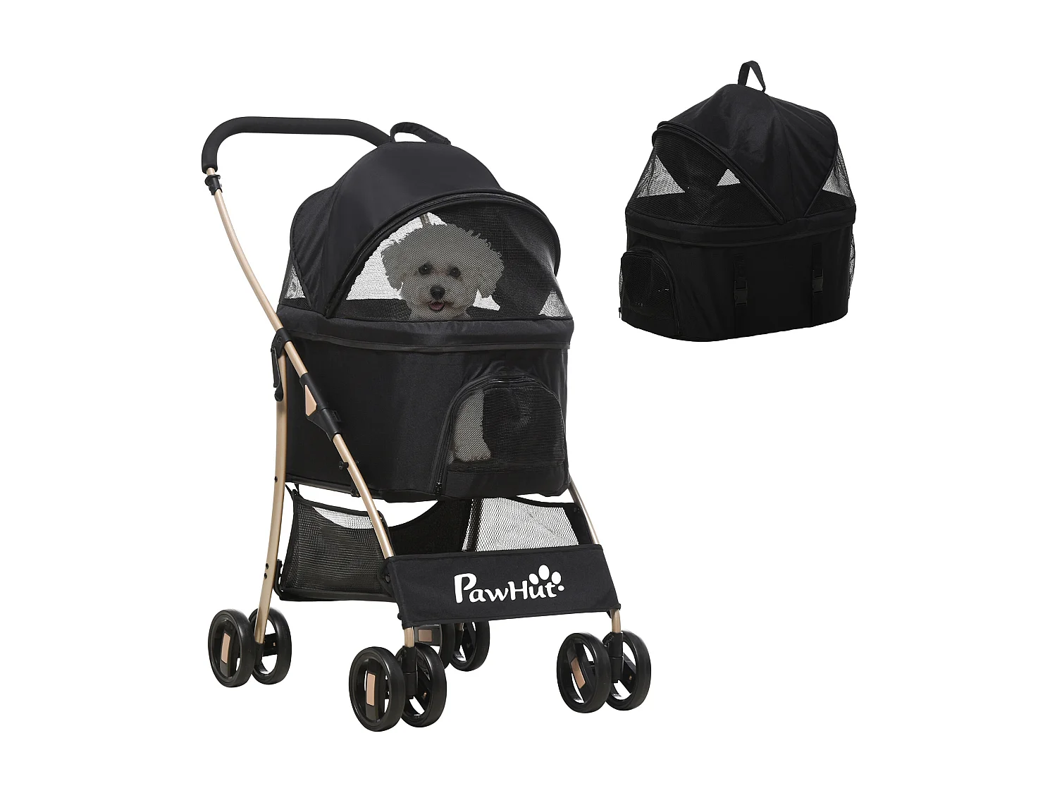 Passeggino per cani pieghevole con trasportino rimovibile e tettuccio