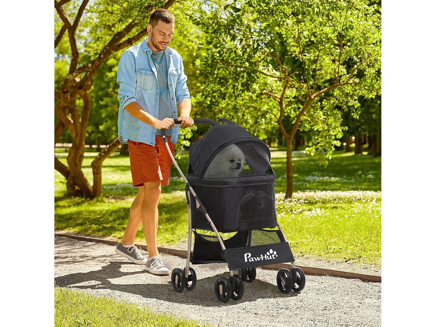 Passeggino per cani pieghevole con trasportino rimovibile e tettuccio