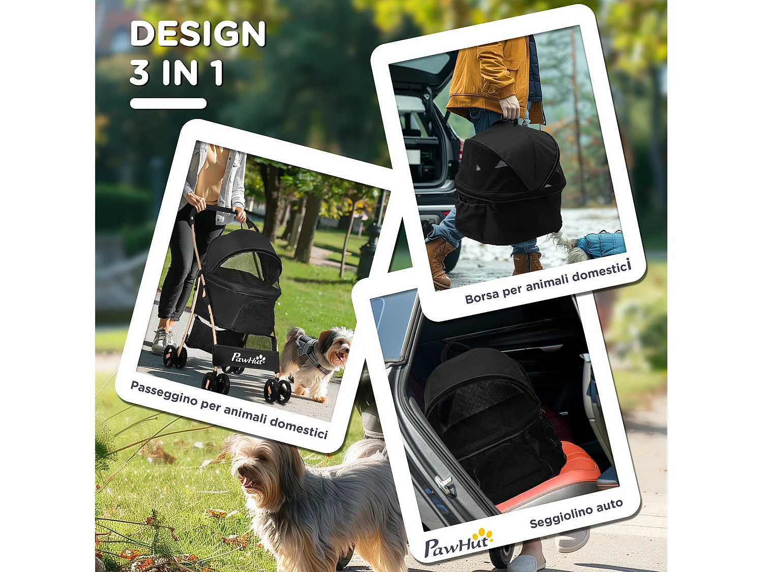 Passeggino per cani pieghevole con trasportino rimovibile e tettuccio